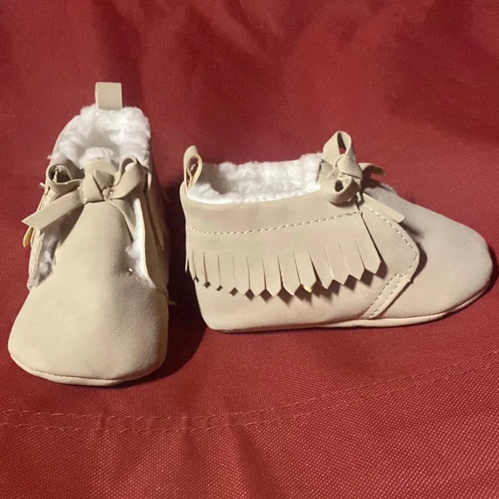 Carter's Cream Moccasins with Fringe and Bow